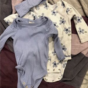 Floral and Solid Blue Kids One Piece Set